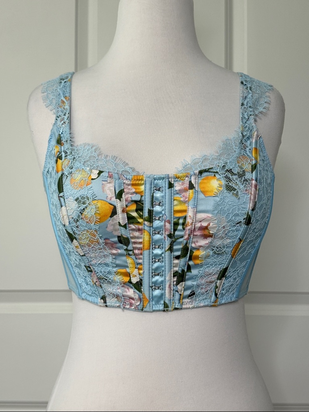 Victoria's Secret Dream Angels Unlined Lace Corset Bra Blue‎ Lemon Size Medium